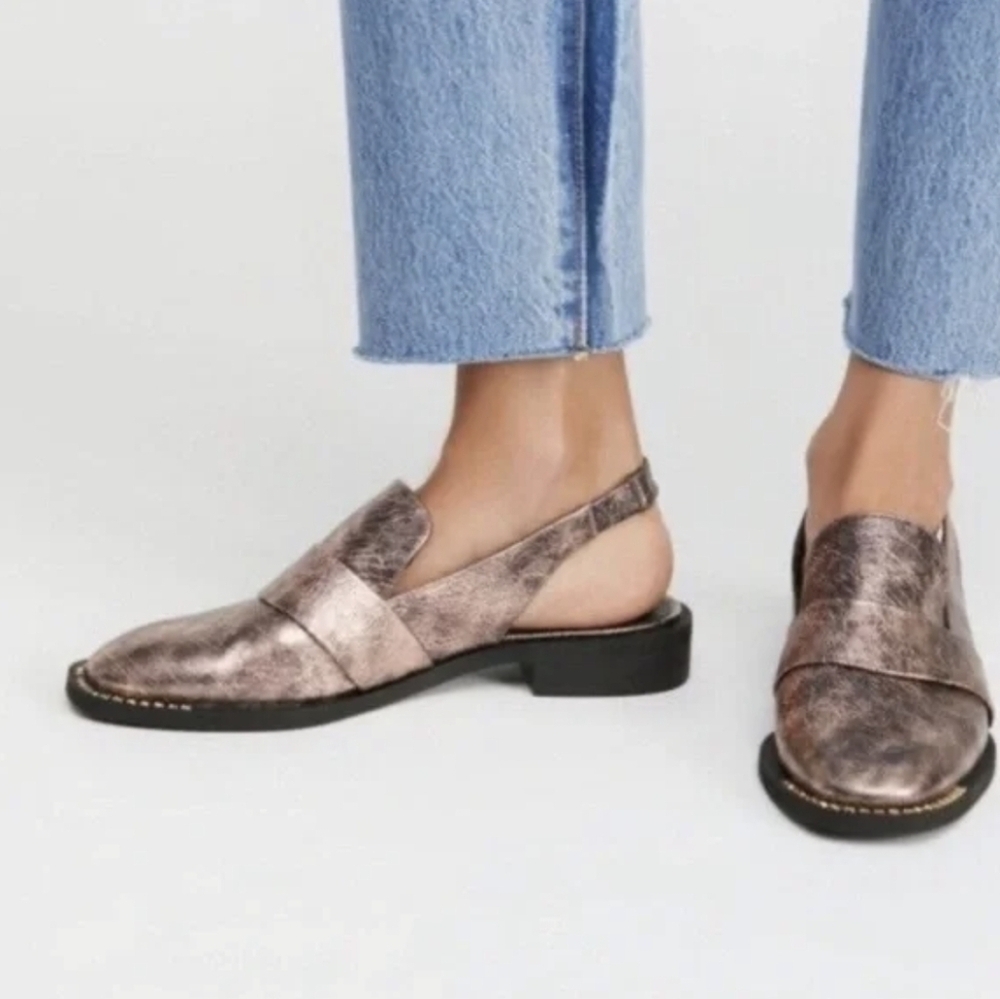 NWOT Free People Abbey Road Metallic Slingback Loafers-Rose Gold